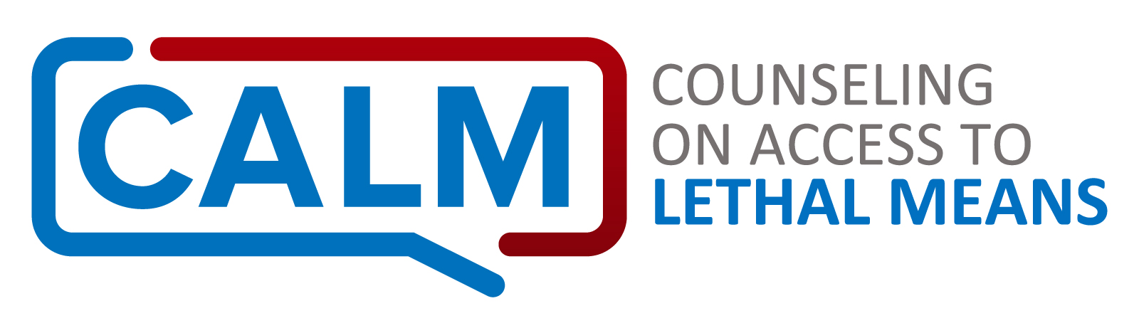 Logo with the acronym CALM in bold blue letters inside a speech bubble outline, followed by the words Counseling on Access to Lethal Means in gray and blue text.