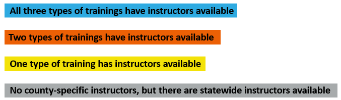 Four colored bars with text: blue states All three types of trainings have instructors available, orange says Two types of trainings have instructors available, yellow says One type of training has instructors available, and gray says No county-specific instructors, but there are statewide instructors available.