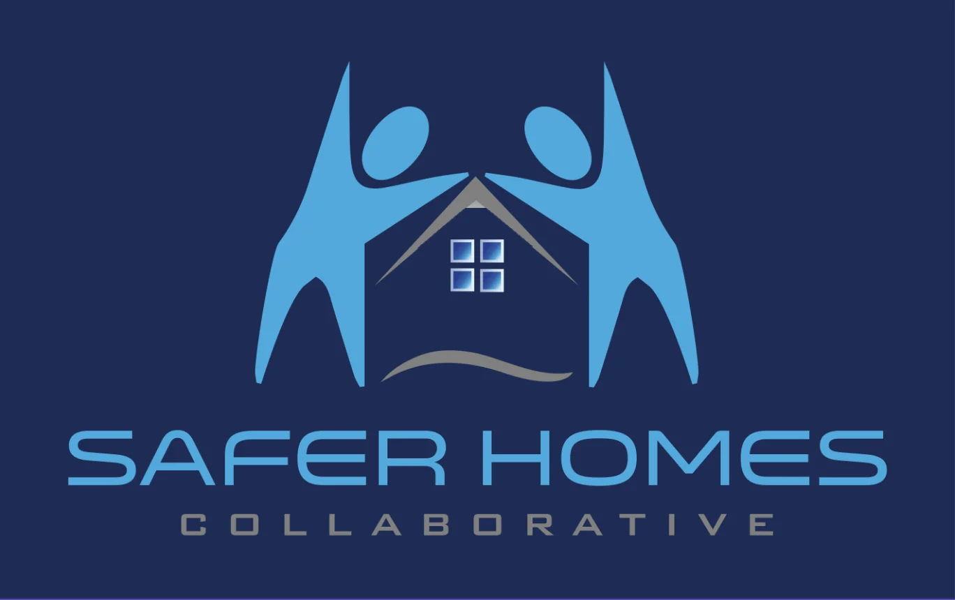 Logo with two blue human figures forming a house shape, with a window in the center. Below, the text reads SAFER HOMES in large letters and COLLABORATIVE in smaller letters on a dark blue background.