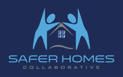 Logo with two blue human figures forming a house shape, with a window in the center. Below, the text reads SAFER HOMES in large letters and COLLABORATIVE in smaller letters on a dark blue background.
